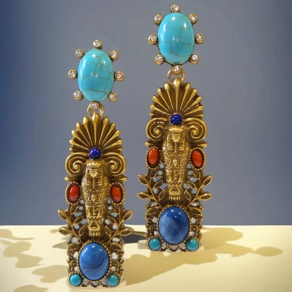 Antique Gold Egyptian Revival Pharaoh Cabochon Crystal Earrings - Picture 5 of 5